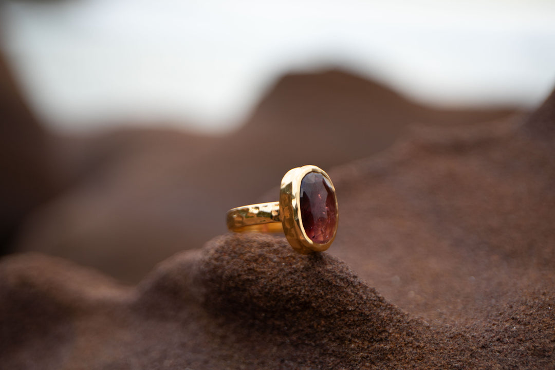 Faceted Pink Tourmaline Ring in Beaten Gold Plated Sterling Silver - Size 8.5 US