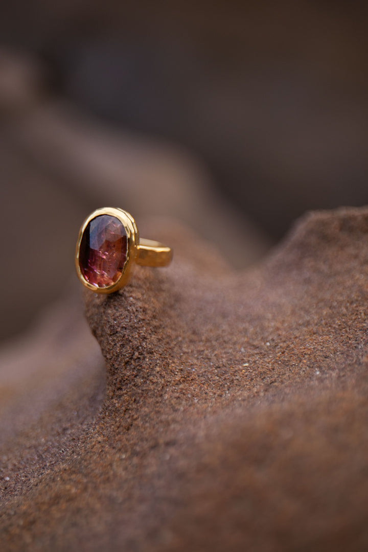 Faceted Pink Tourmaline Ring in Beaten Gold Plated Sterling Silver - Size 8.5 US