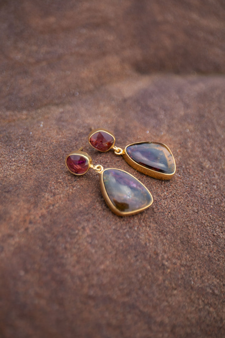 Watermelon and Pink Tourmaline Drop Stud Earrings in 24k Gold Plated Silver