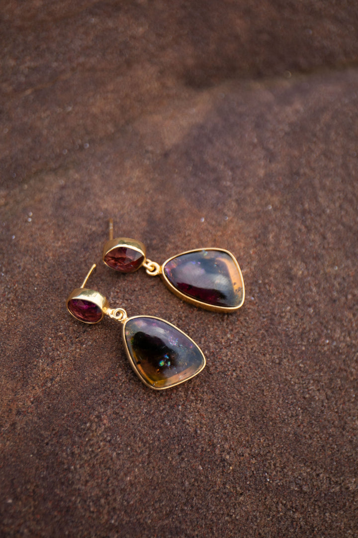 Watermelon and Pink Tourmaline Drop Stud Earrings in 24k Gold Plated Silver