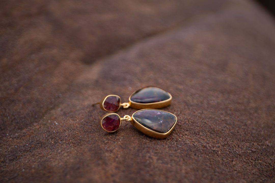 Watermelon and Pink Tourmaline Drop Stud Earrings in 24k Gold Plated Silver