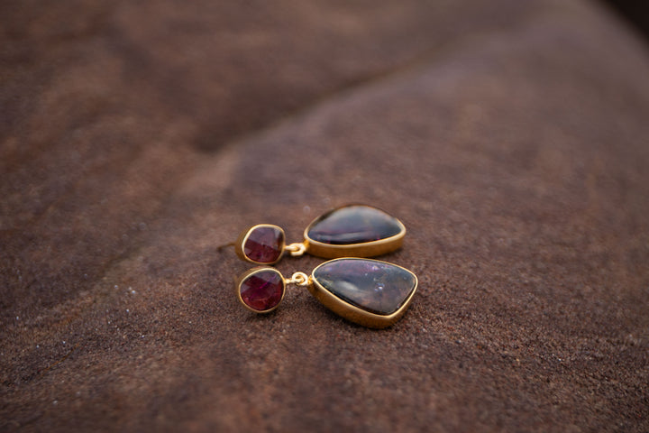 Watermelon and Pink Tourmaline Drop Stud Earrings in 24k Gold Plated Silver