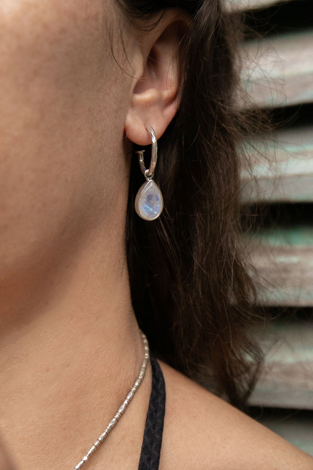 Rainbow Moonstone Hoop Stud Earrings in Sterling Silver Setting