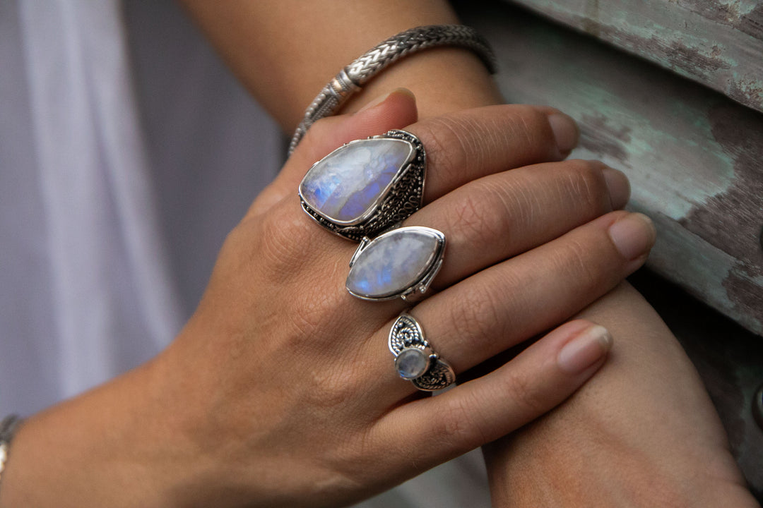 Statement Rainbow Moonstone Ring in Tribal Sterling Silver Setting - Size 9 US