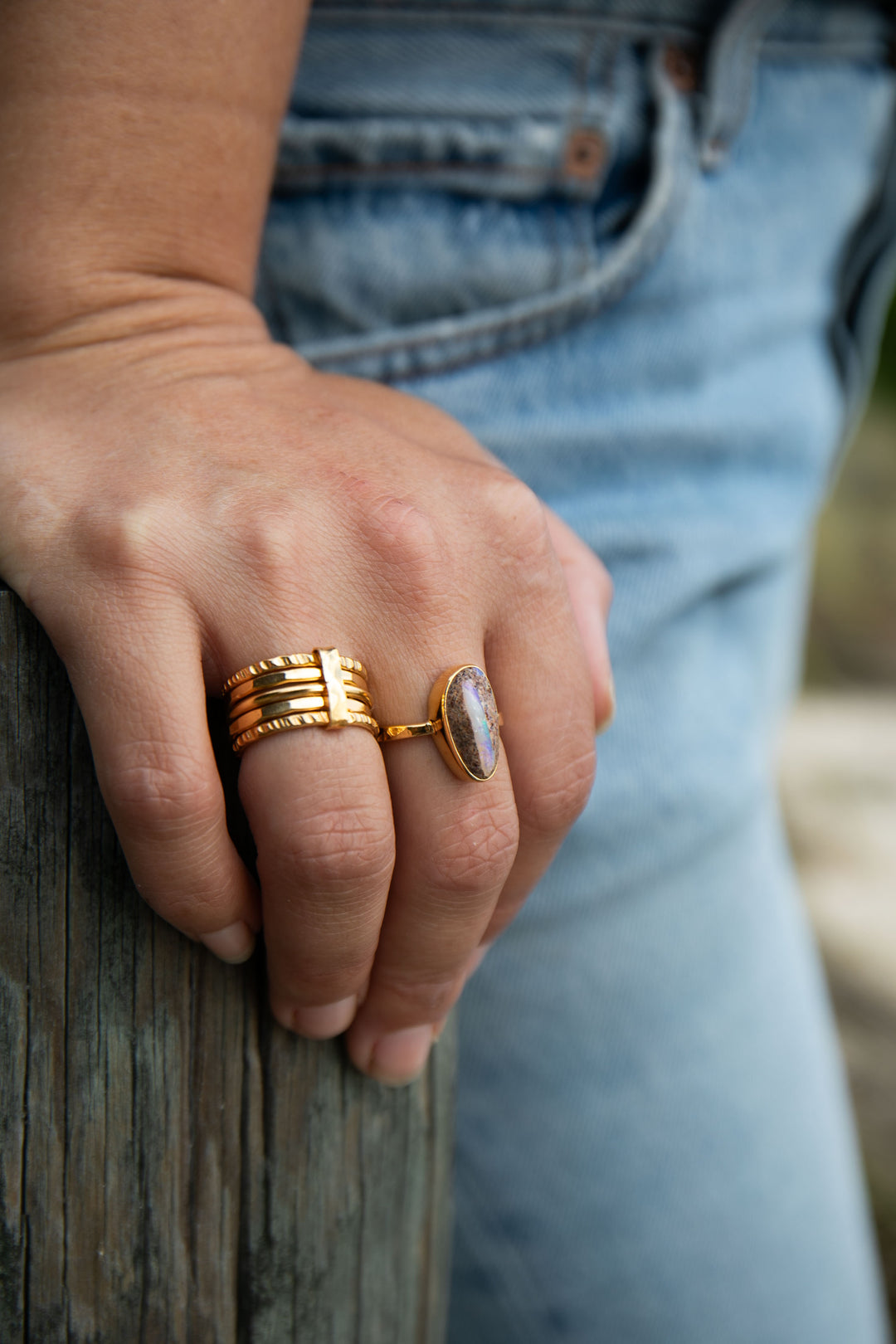 Australian Opal Ring set in Beaten Gold Plated Sterling Silver Band - Size 8 US