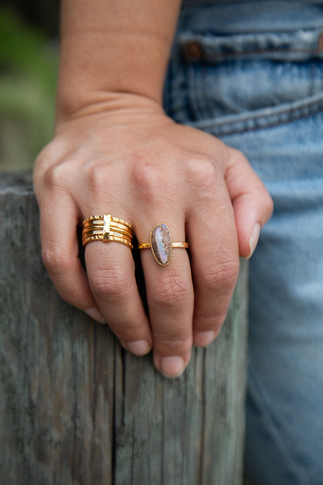 Australian Opal Ring set in Beaten Gold Plated Sterling Silver Band - Size 8 US