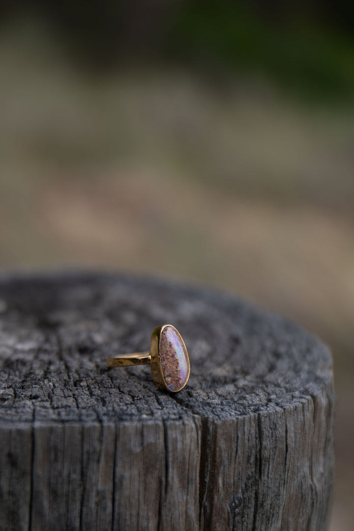 Australian Opal Ring set in Beaten Gold Plated Sterling Silver Band - Size 8 US