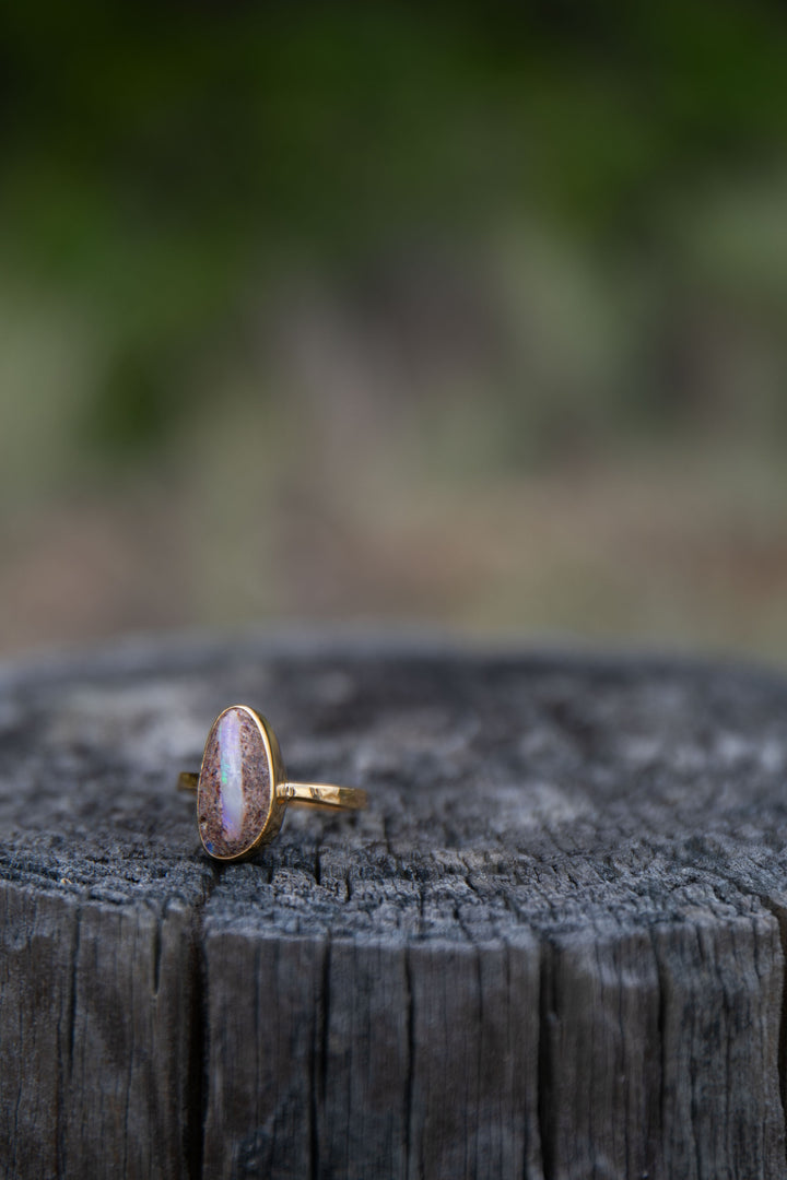 Australian Opal Ring set in Beaten Gold Plated Sterling Silver Band - Size 8 US