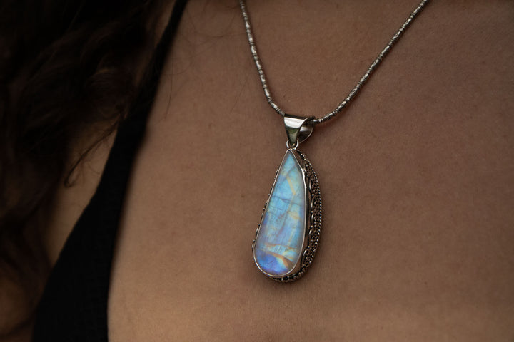 Statement Rainbow Moonstone Pendant in Tribal Sterling Silver Setting