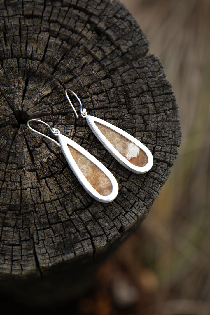 Statement Fossil Coral Earrings in Brushed Sterling Silver