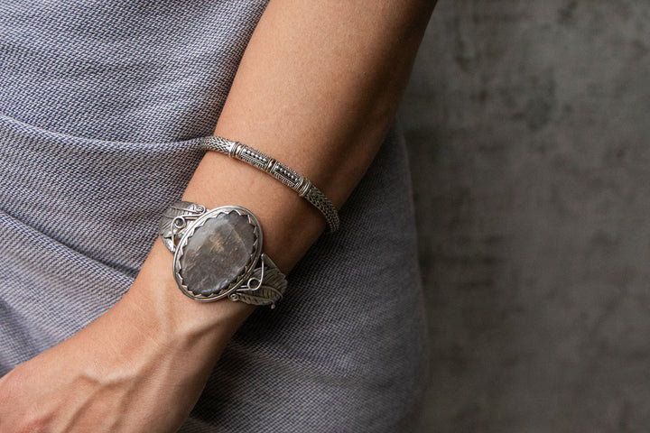 Silver Sheen Obsidian Bangle with Sterling Silver Leaf Embellishments