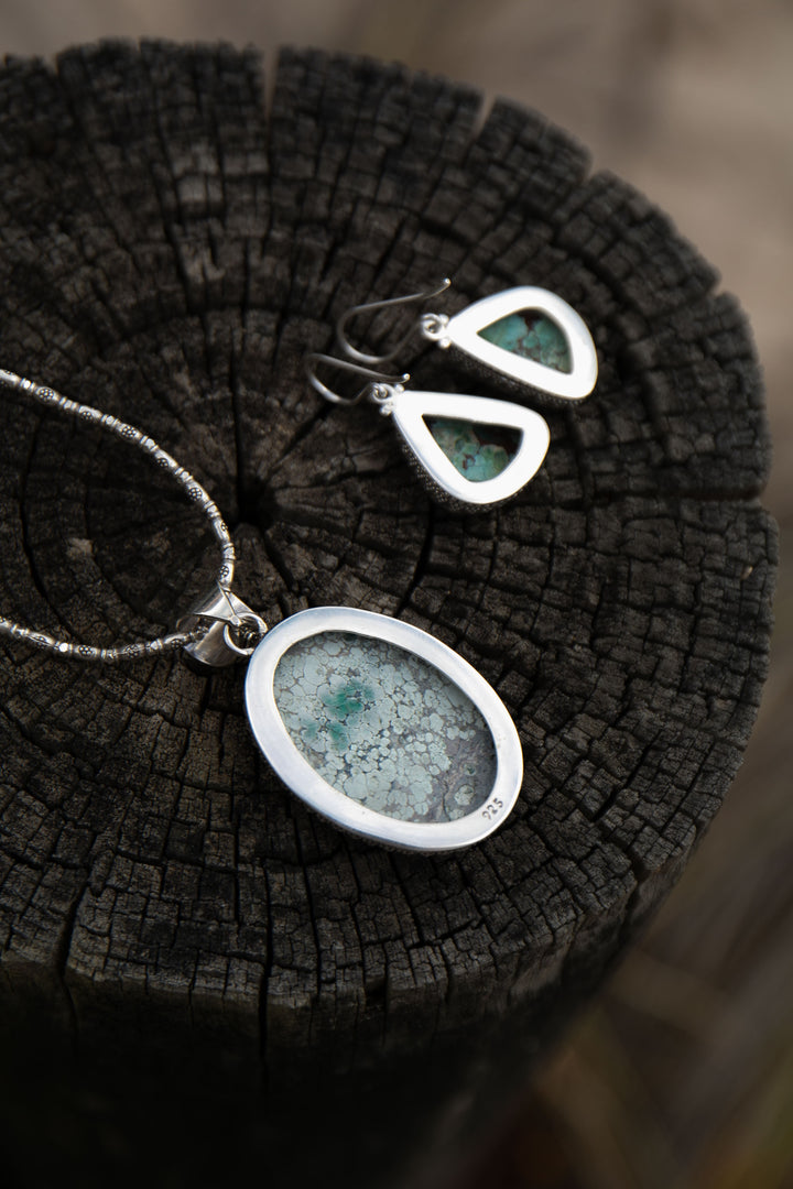 Natural Turquoise Pendant set in Unique Tribal Sterling Silver