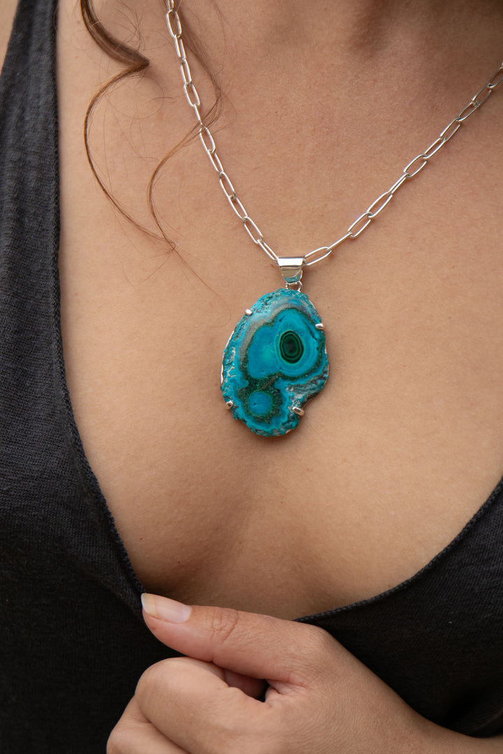 Raw Edge Malachite in Chrysocolla Pendant in Sterling Silver