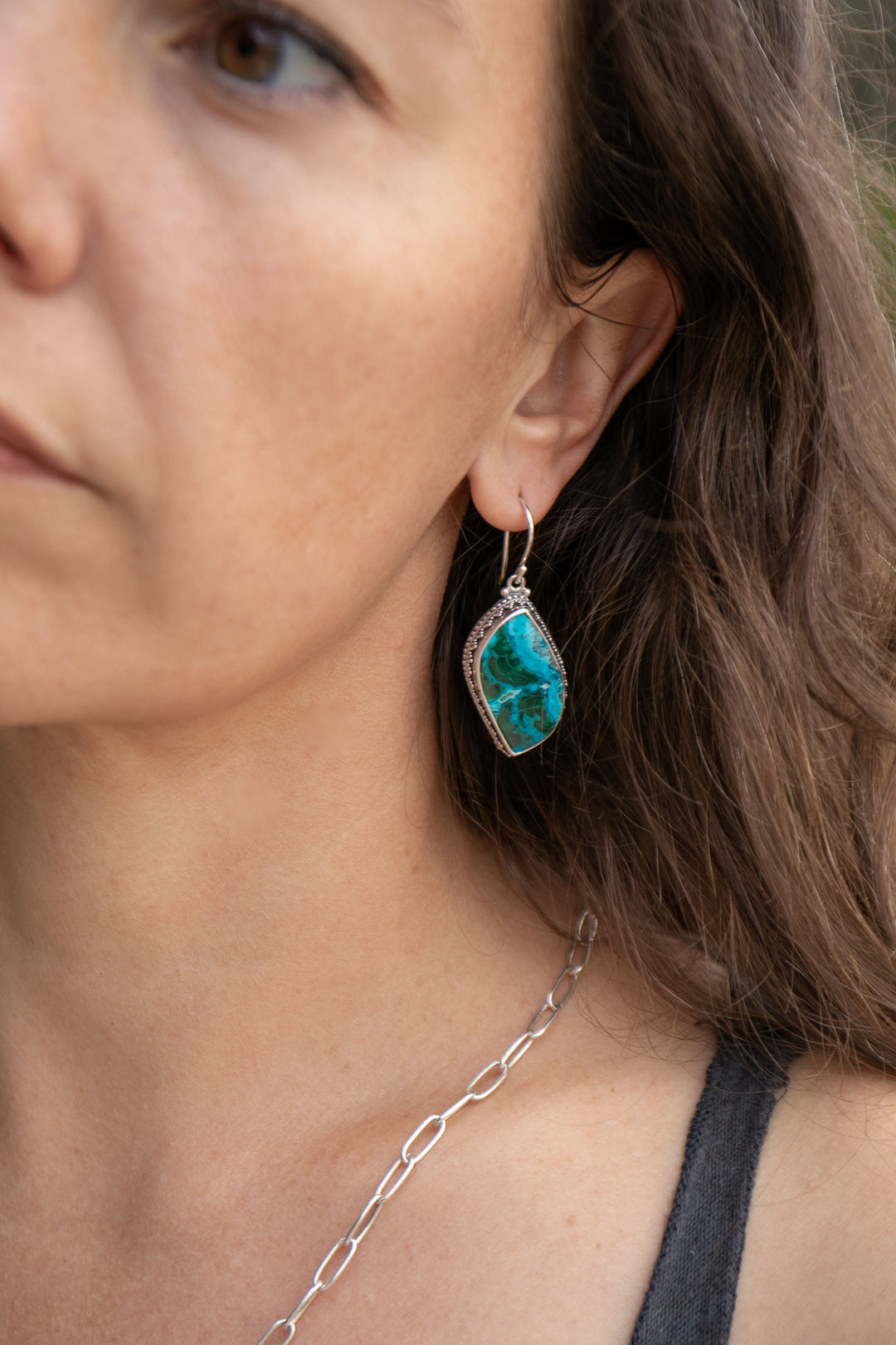 Malachite in Chrysocolla Earrings in Decorative Sterling Silver