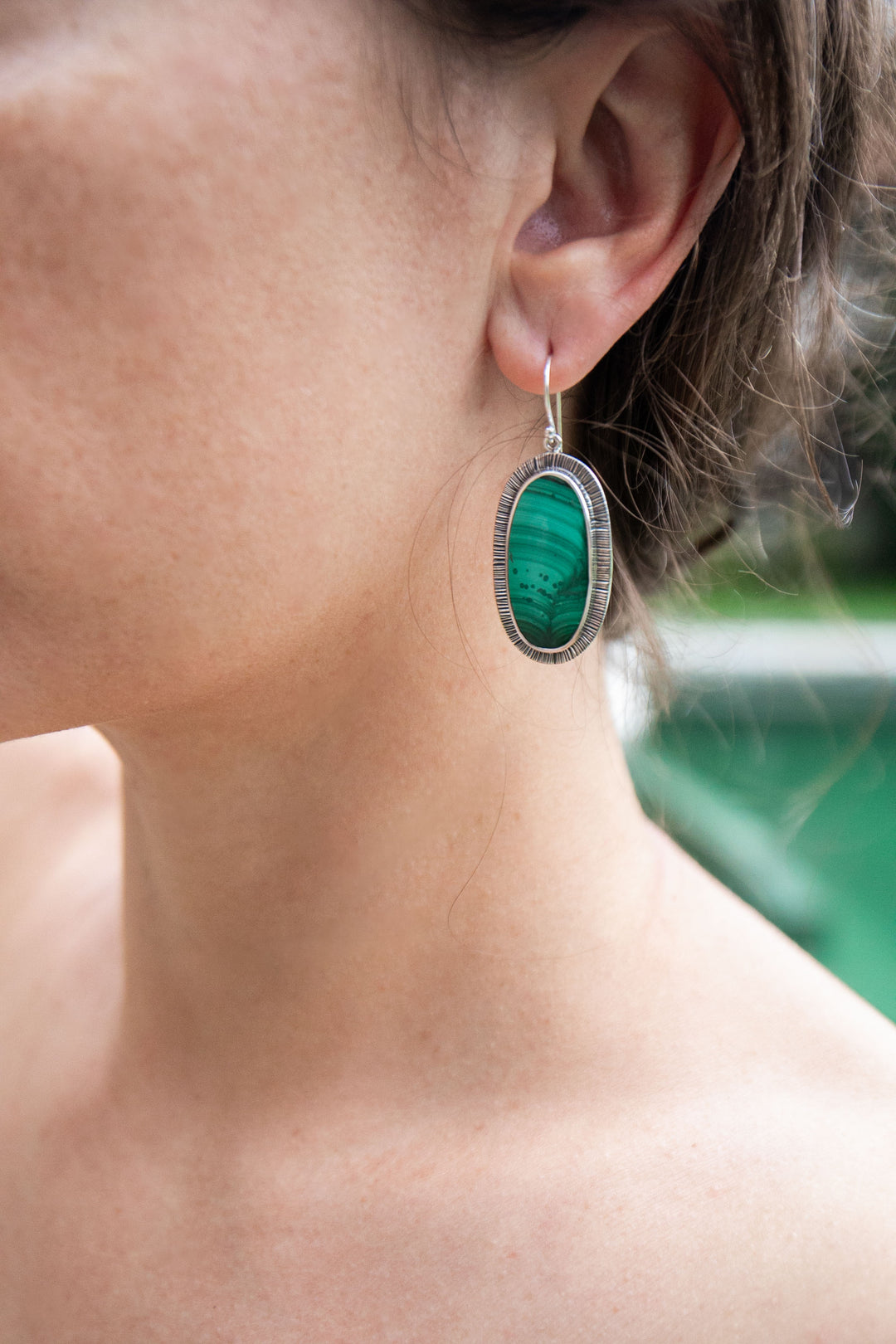 Malachite Earring in Unique Sterling Silver Setting