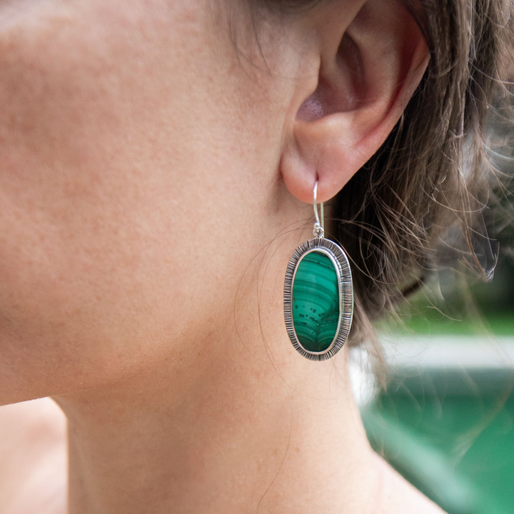 Malachite Earring in Unique Sterling Silver Setting