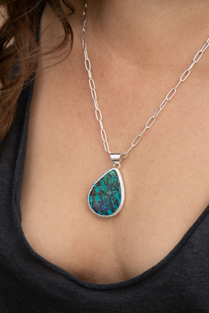Stunning Teardrop Chrysocolla Pendant in Unique Sterling Silver
