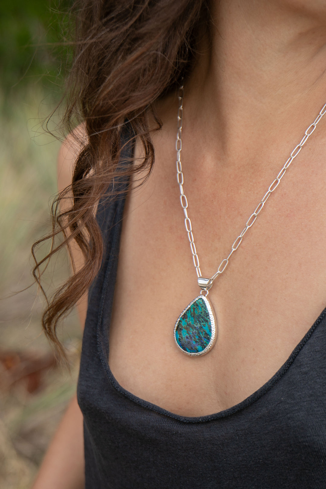 Stunning Teardrop Chrysocolla Pendant in Unique Sterling Silver