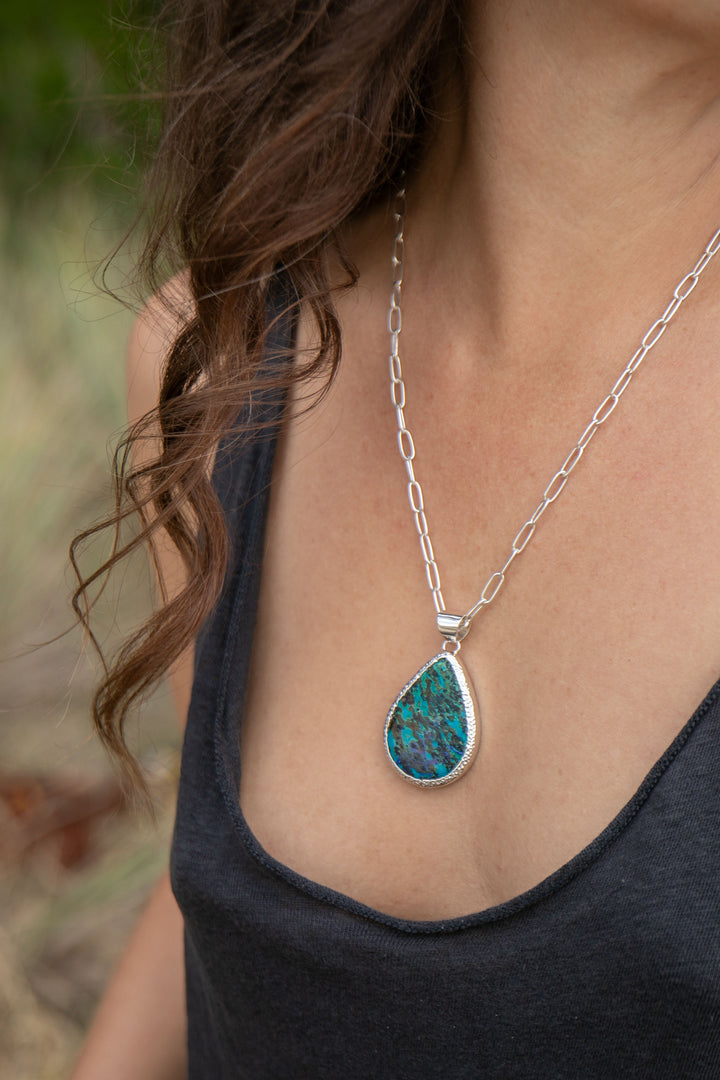 Stunning Teardrop Chrysocolla Pendant in Unique Sterling Silver