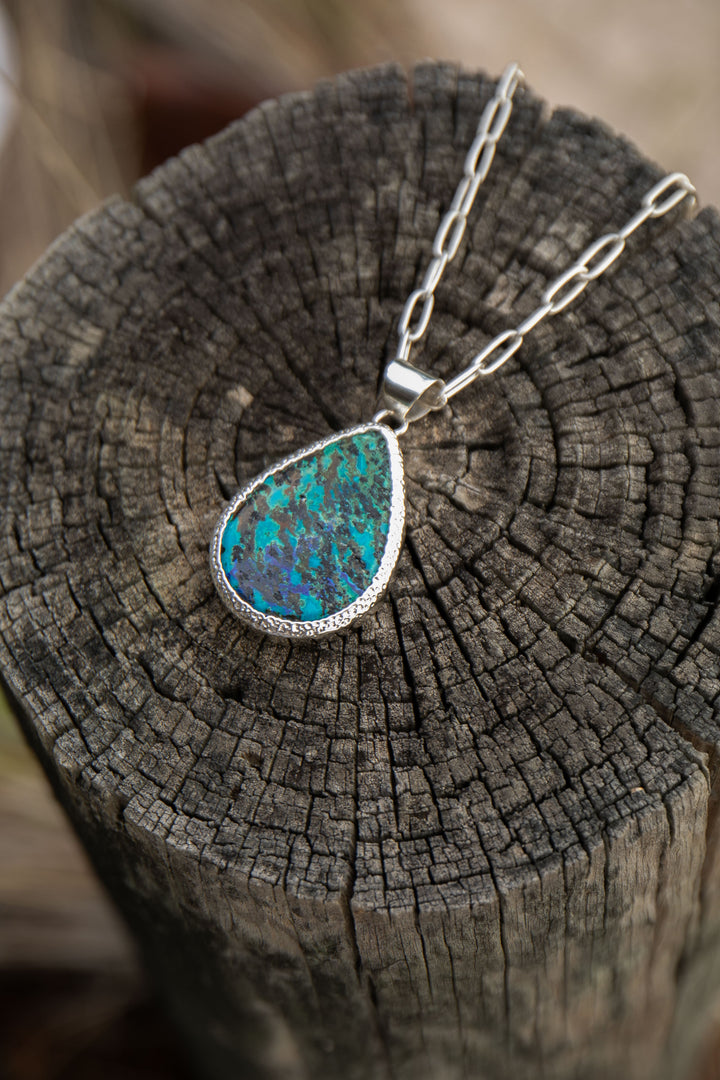 Stunning Teardrop Chrysocolla Pendant in Unique Sterling Silver