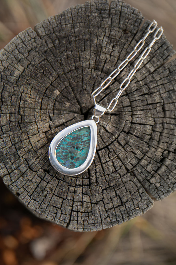 Stunning Teardrop Chrysocolla Pendant in Unique Sterling Silver