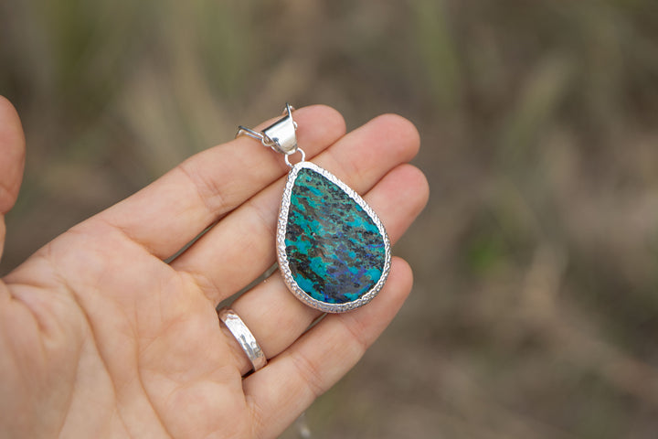 Stunning Teardrop Chrysocolla Pendant in Unique Sterling Silver