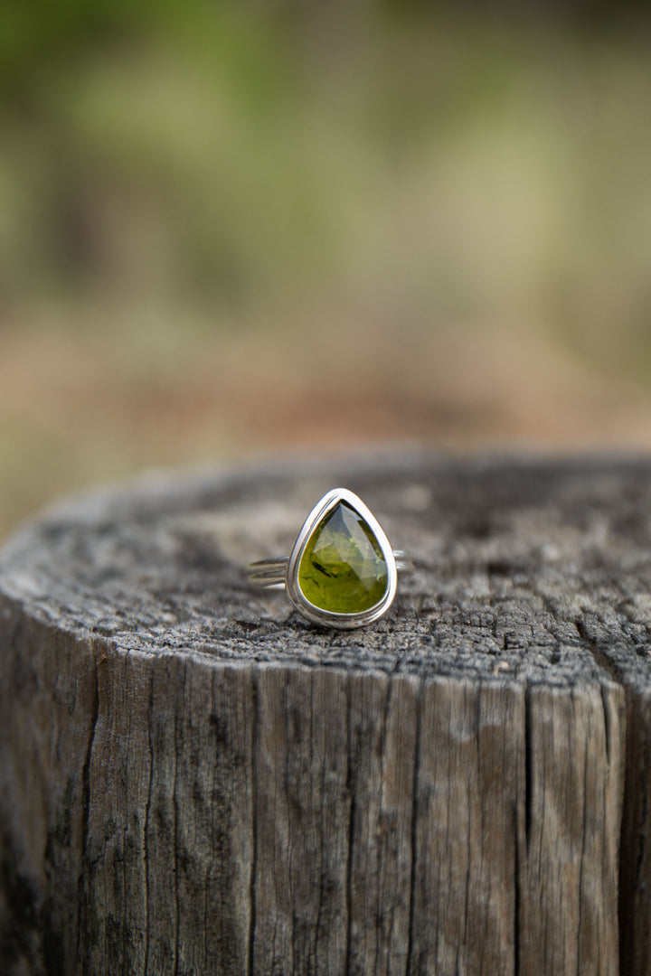 High Quality Rose Cut Green Tourmaline Ring set in Sterling Silver - Size 7.5 US