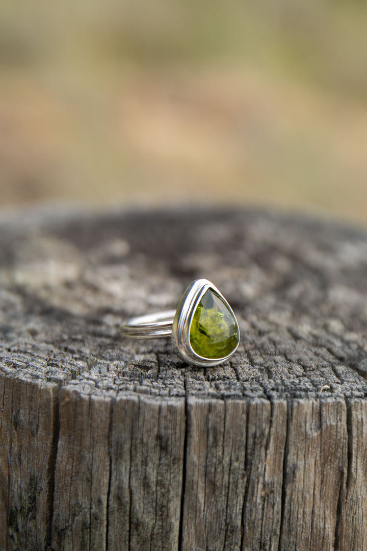 High Quality Rose Cut Green Tourmaline Ring set in Sterling Silver - Size 7.5 US