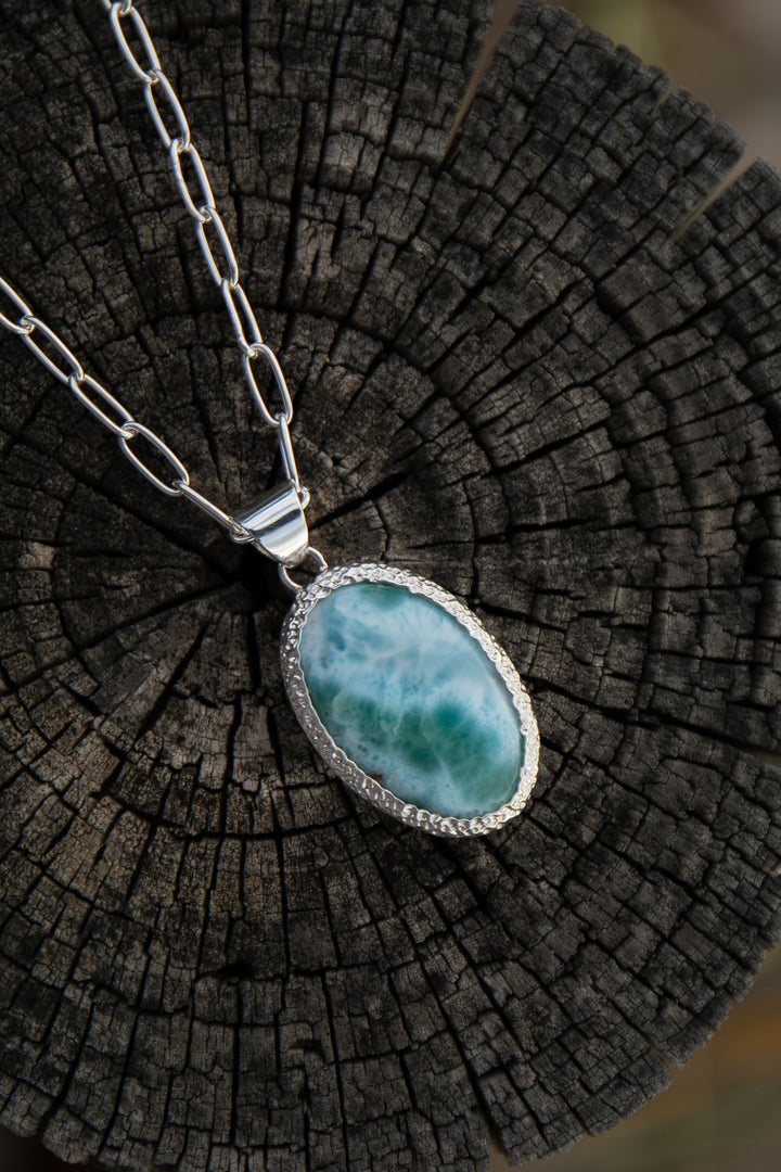 Larimar Pendant in Unique Bezel Silver Setting