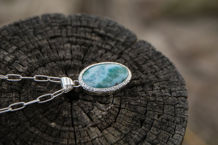 Larimar Pendant in Unique Bezel Silver Setting