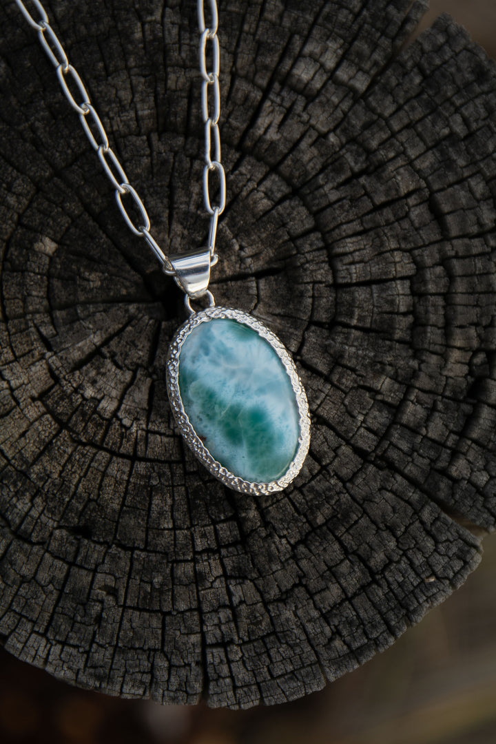 Larimar Pendant in Unique Bezel Silver Setting