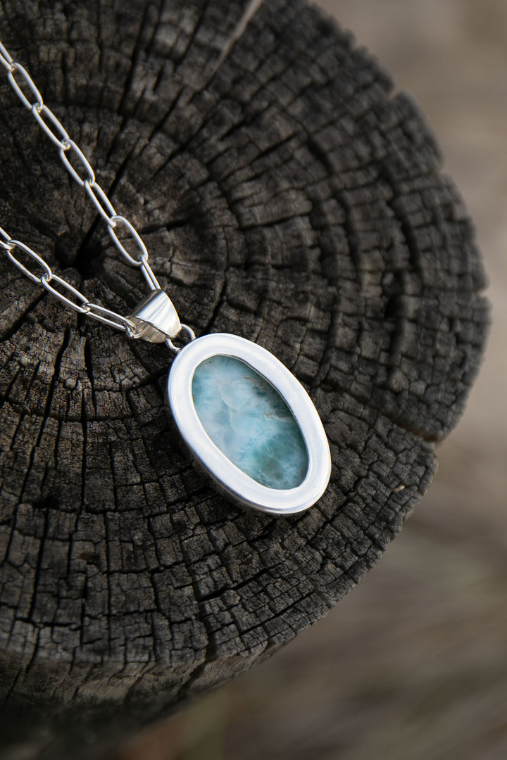 Larimar Pendant in Unique Bezel Silver Setting