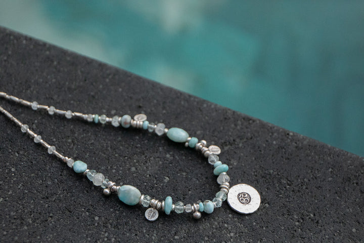 Sweet Larimar, Aquamarine, Rainbow Moonstone + Thai Hill Tribe Silver Necklace, with Om Pendant