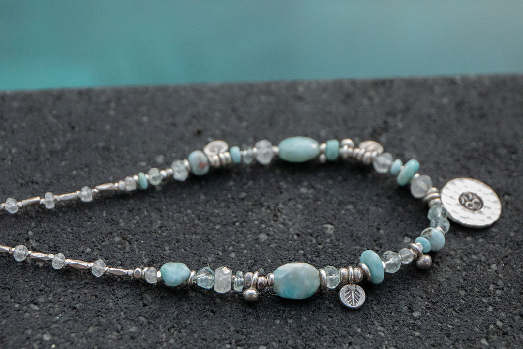 Sweet Larimar, Aquamarine, Rainbow Moonstone + Thai Hill Tribe Silver Necklace, with Om Pendant