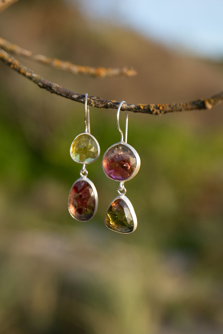 STUNNING Rose Cut Double Watermelon Tourmaline Earrings in Sterling Silver