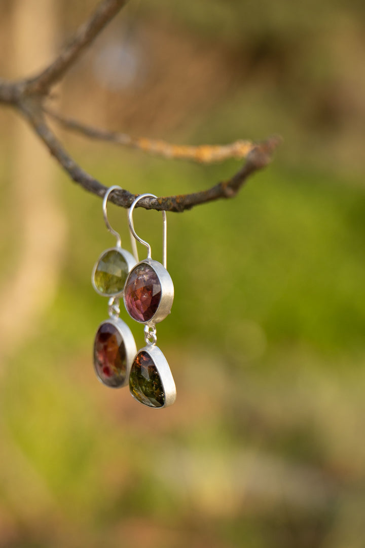 STUNNING Rose Cut Double Watermelon Tourmaline Earrings in Sterling Silver