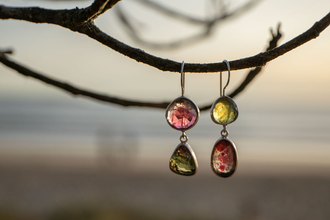 STUNNING Rose Cut Double Watermelon Tourmaline Earrings in Sterling Silver