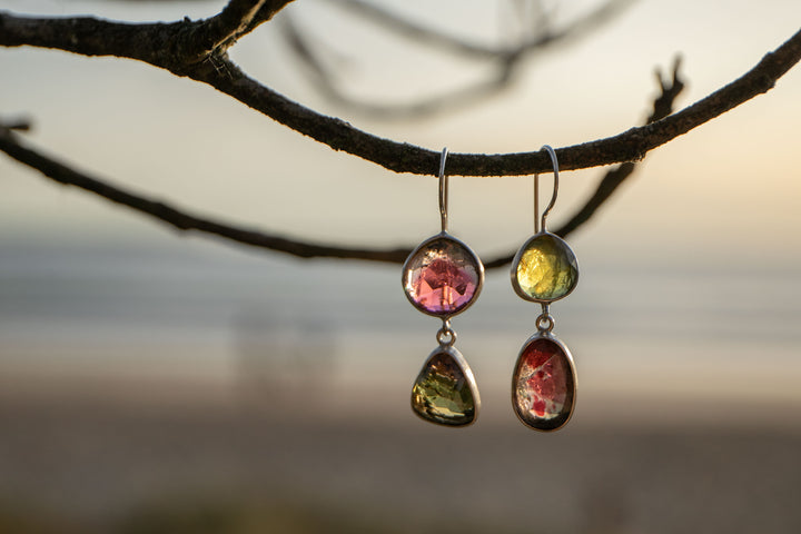 STUNNING Rose Cut Double Watermelon Tourmaline Earrings in Sterling Silver