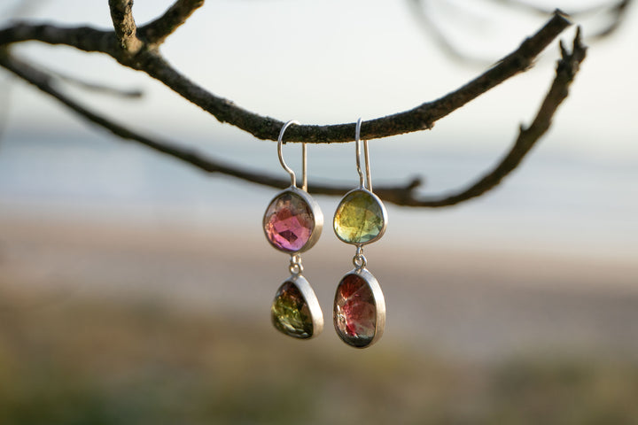 STUNNING Rose Cut Double Watermelon Tourmaline Earrings in Sterling Silver