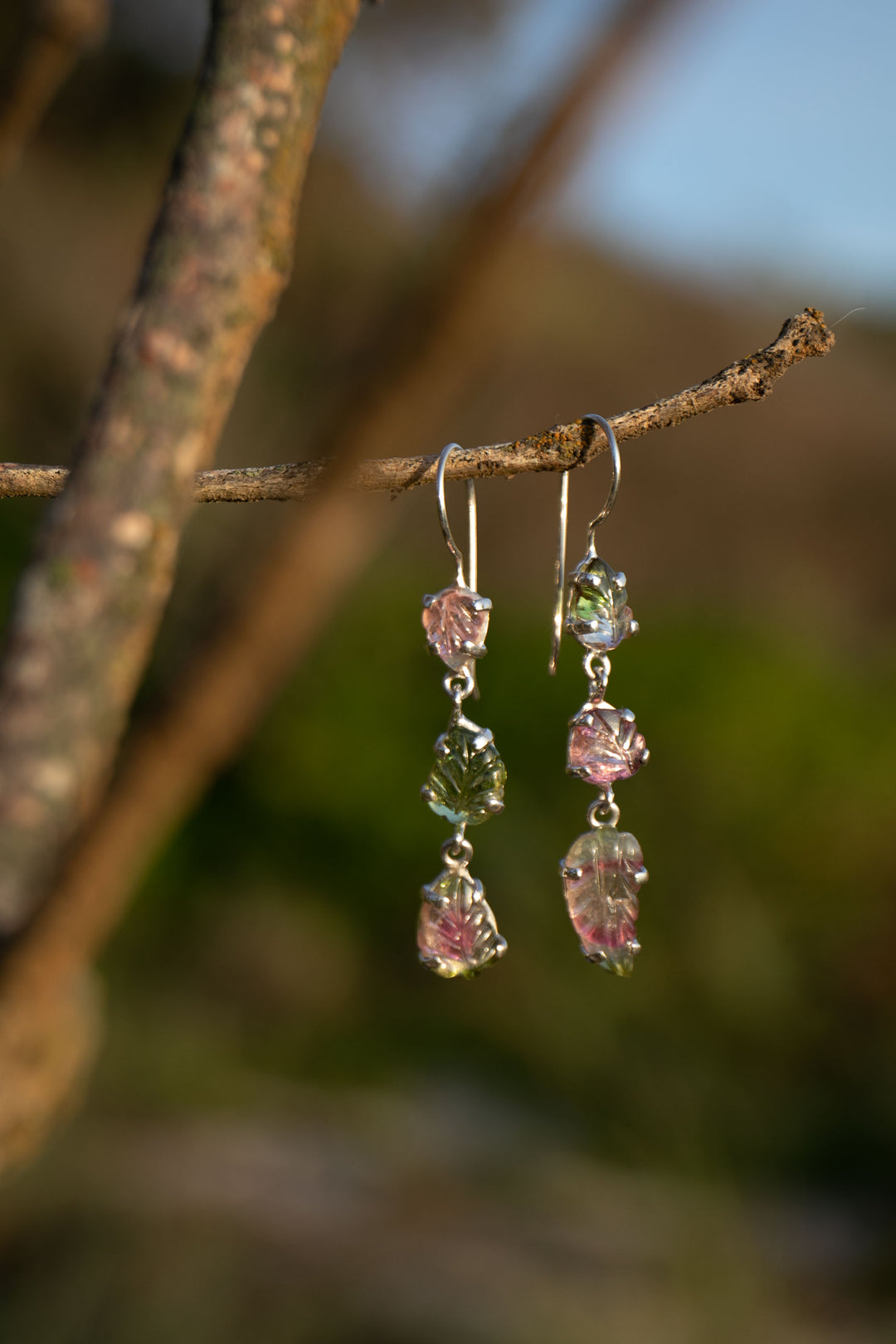One of a Kind Leaf Carved Watermelon Tourmaline Triple Drop Earrings in Sterling Silver