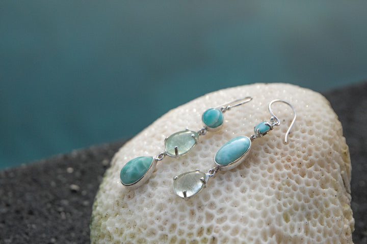 Larimar and Aquamarine Triple Drop Earrings set in 92.5% Sterling Silver