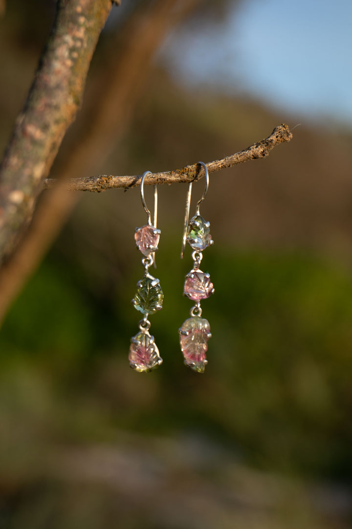 One of a Kind Leaf Carved Watermelon Tourmaline Triple Drop Earrings in Sterling Silver