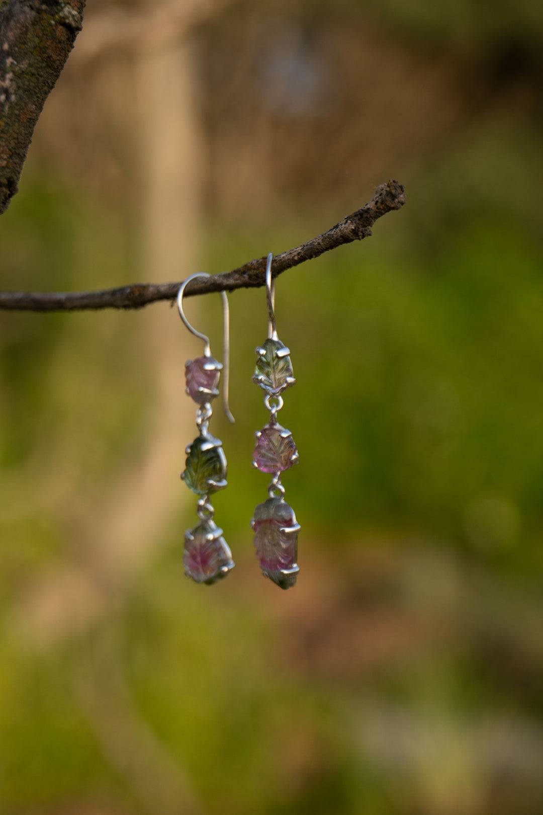 One of a Kind Leaf Carved Watermelon Tourmaline Triple Drop Earrings in Sterling Silver