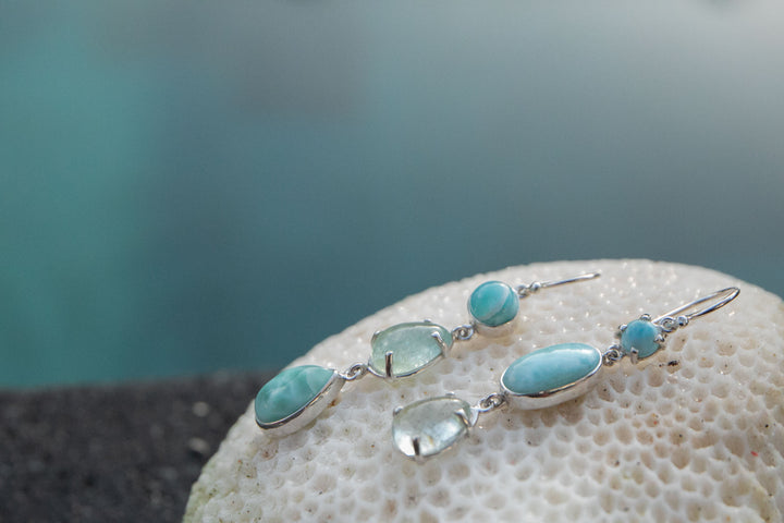 Larimar and Aquamarine Triple Drop Earrings set in 92.5% Sterling Silver