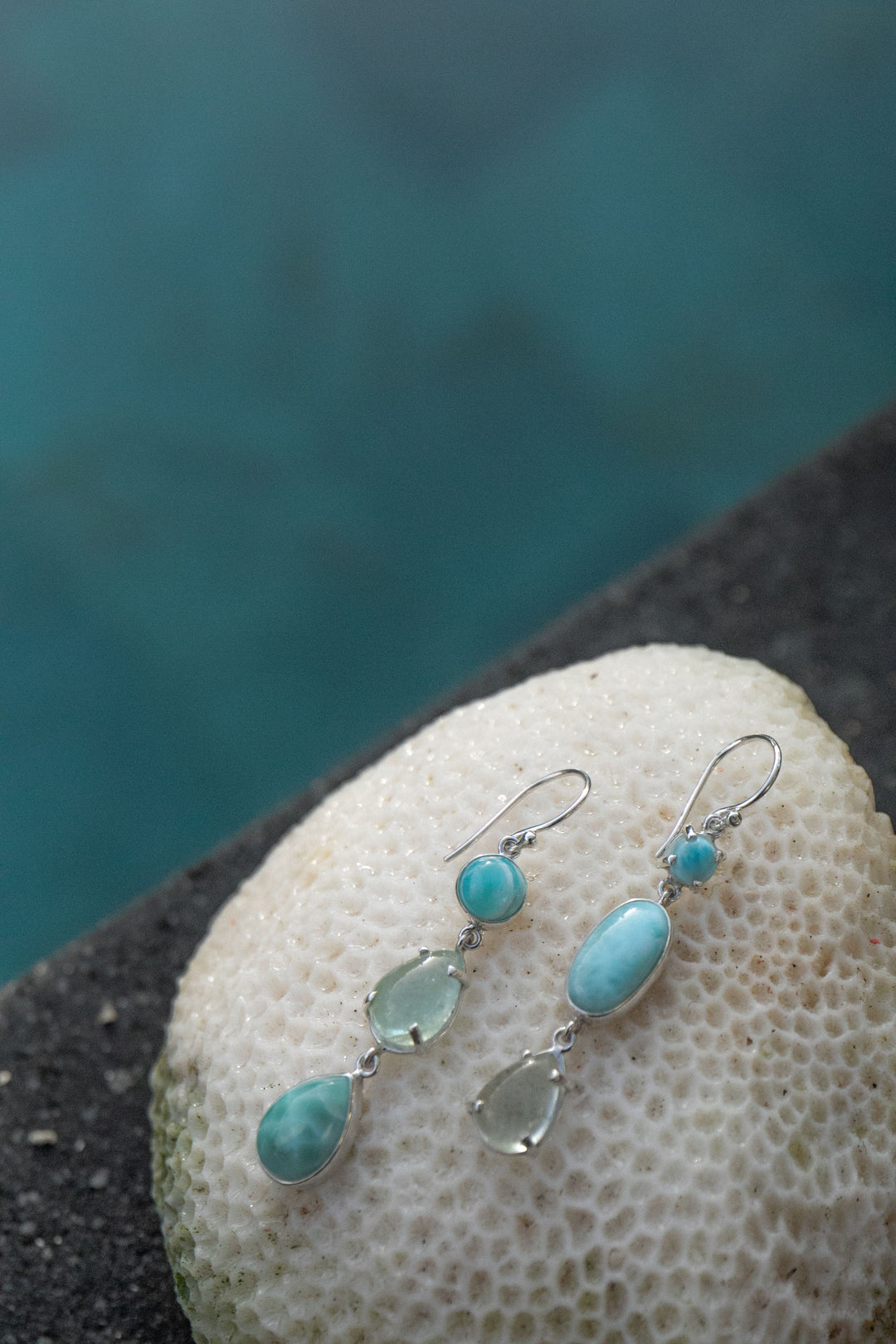 Larimar and Aquamarine Triple Drop Earrings set in 92.5% Sterling Silver