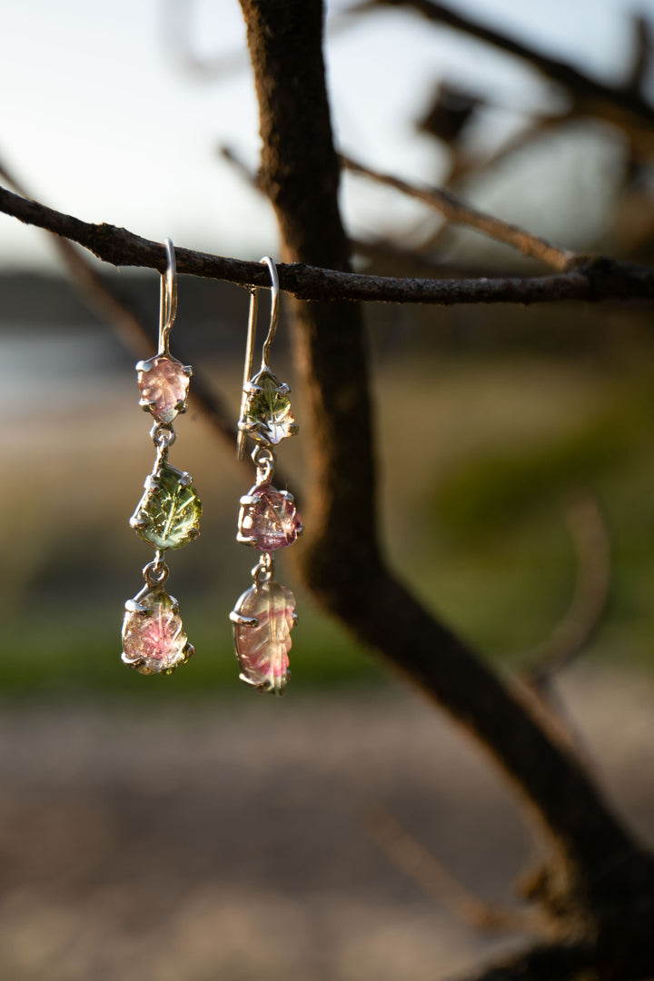 One of a Kind Leaf Carved Watermelon Tourmaline Triple Drop Earrings in Sterling Silver