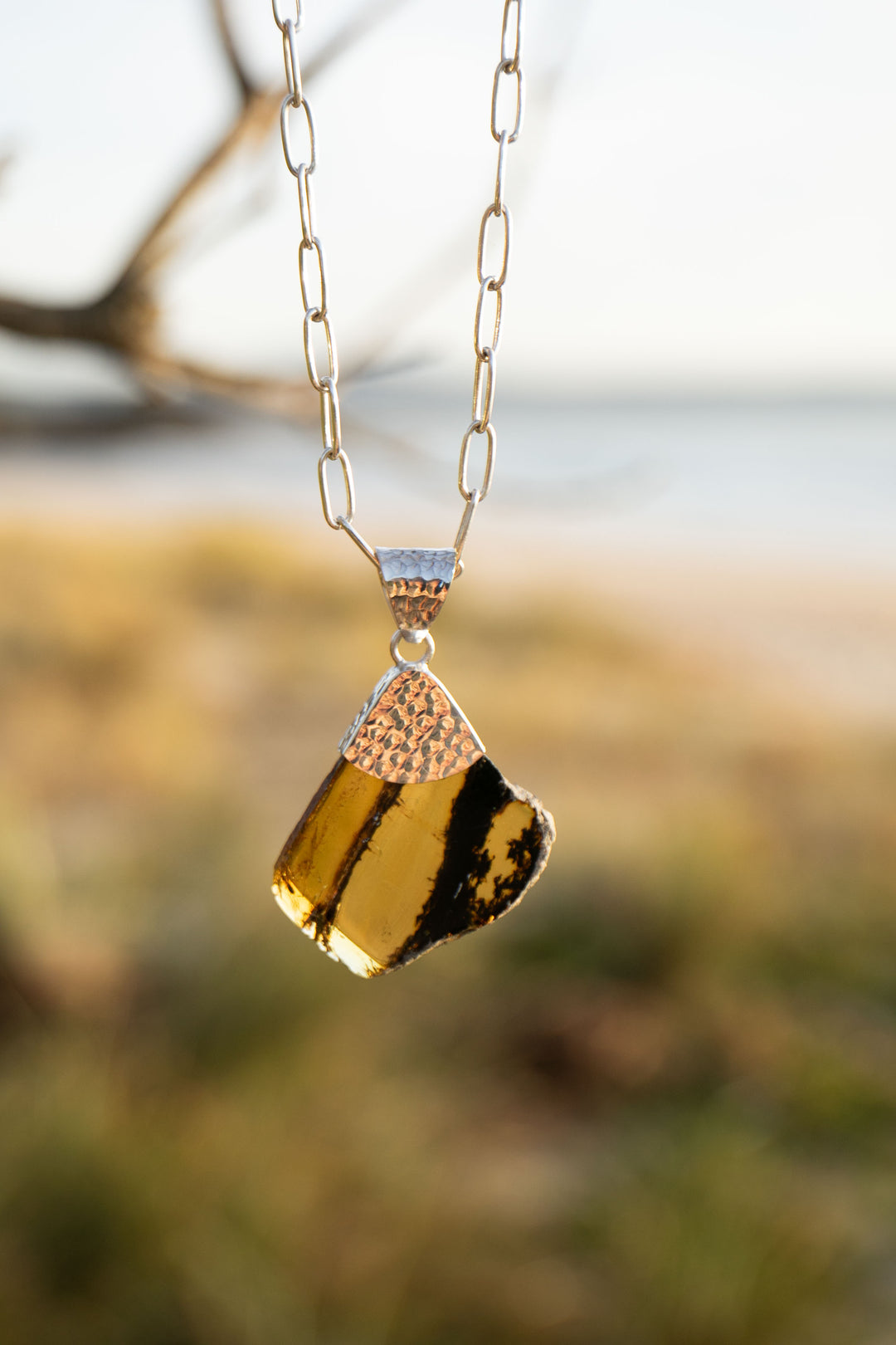 Amber Pendant Pendant in Beaten Sterling Silver