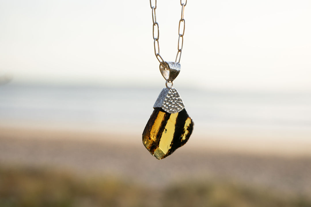 Amber Pendant Pendant in Beaten Sterling Silver
