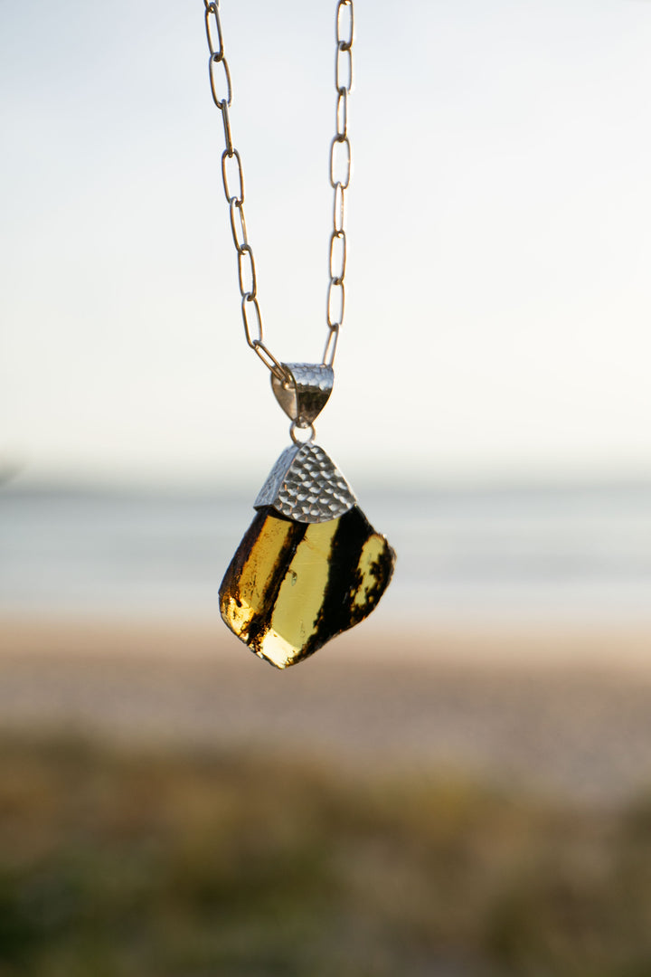 Amber Pendant Pendant in Beaten Sterling Silver