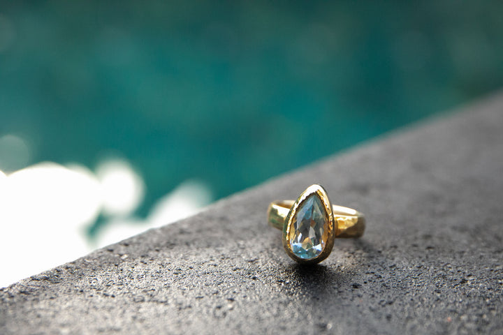 Teardrop Topaz Ring in Beaten Gold Plated Sterling Silver Setting - Size 6 US